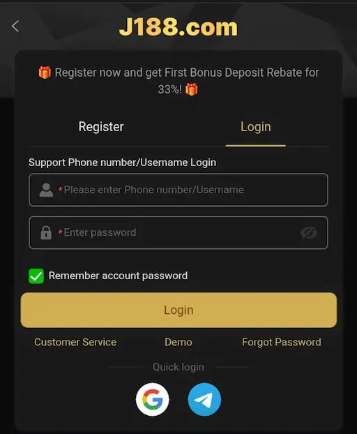 J188 Game Log In