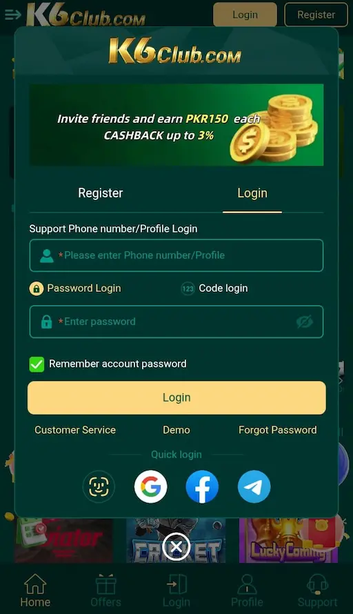 K6 Club Log In