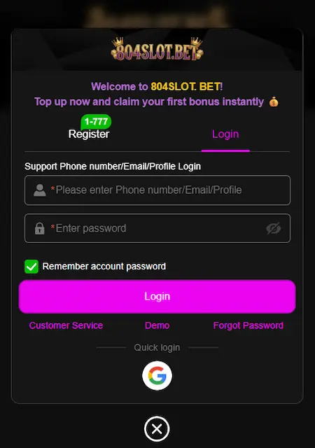 804Slot Game Log in